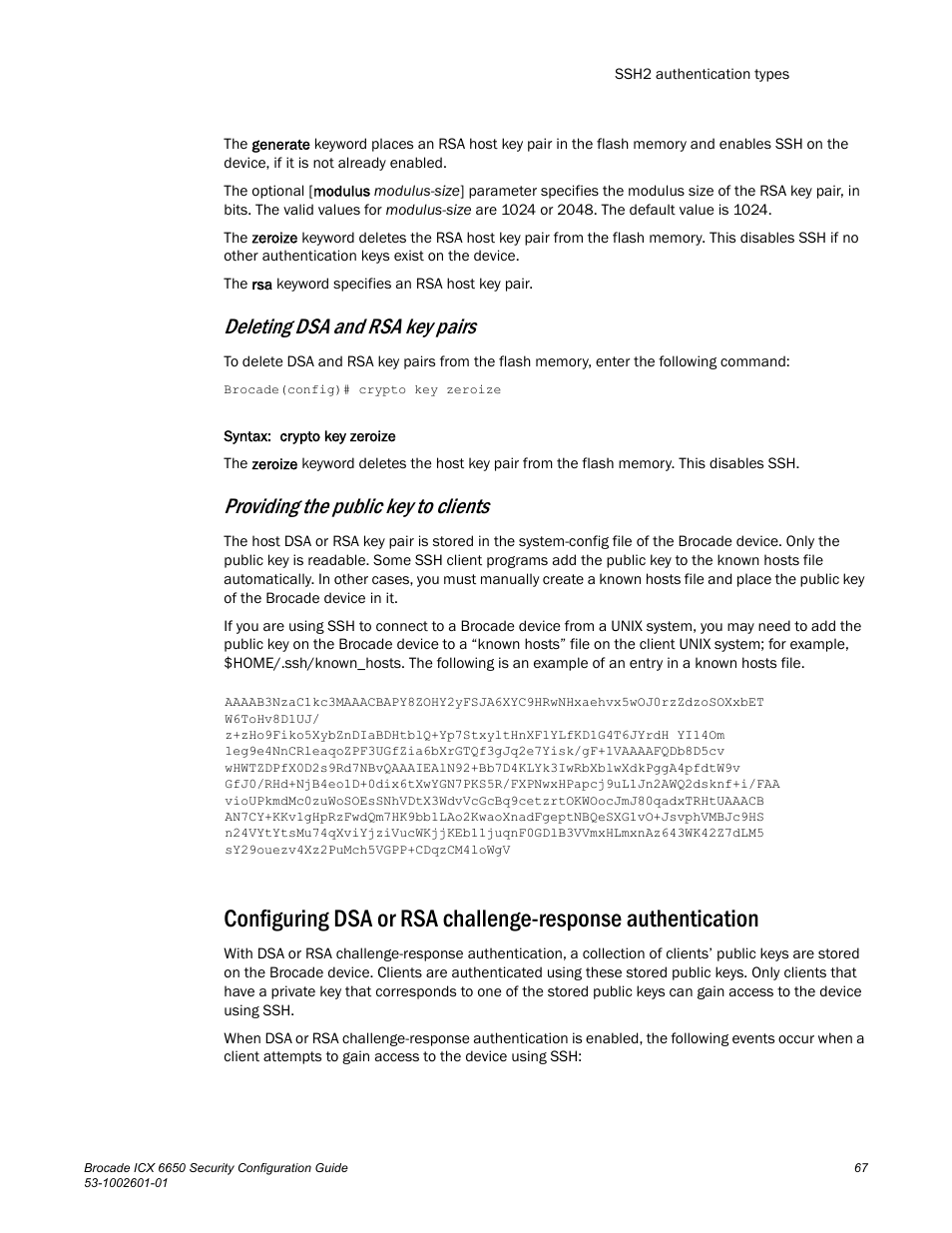 Deleting dsa and rsa key pairs, Providing the public key to clients | Brocade Communications Systems Brocade ICX 6650 6650 User Manual | Page 87 / 332