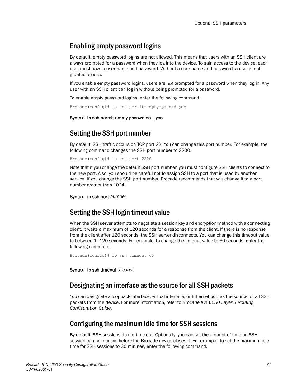 Enabling empty password logins, Setting the ssh port number, Setting the ssh login timeout value | Configuring the maximum idle time for ssh sessions | Brocade Communications Systems Brocade ICX 6650 6650 User Manual | Page 91 / 332