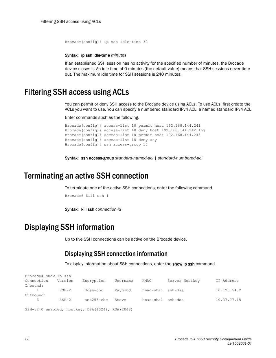 Filtering ssh access using acls, Terminating an active ssh connection, Displaying ssh information | Displaying ssh connection information | Brocade Communications Systems Brocade ICX 6650 6650 User Manual | Page 92 / 332