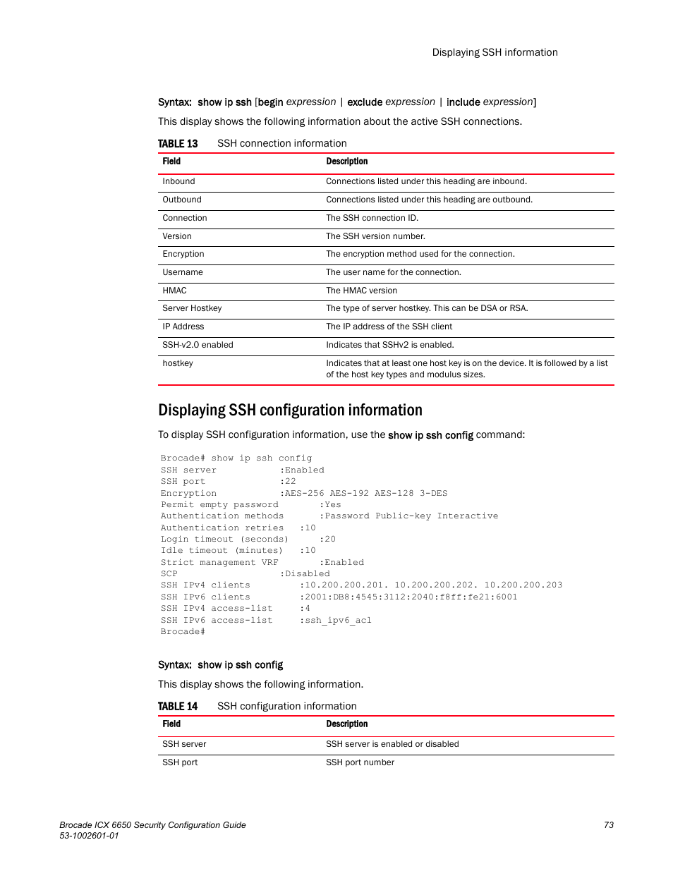Displaying ssh configuration information | Brocade Communications Systems Brocade ICX 6650 6650 User Manual | Page 93 / 332