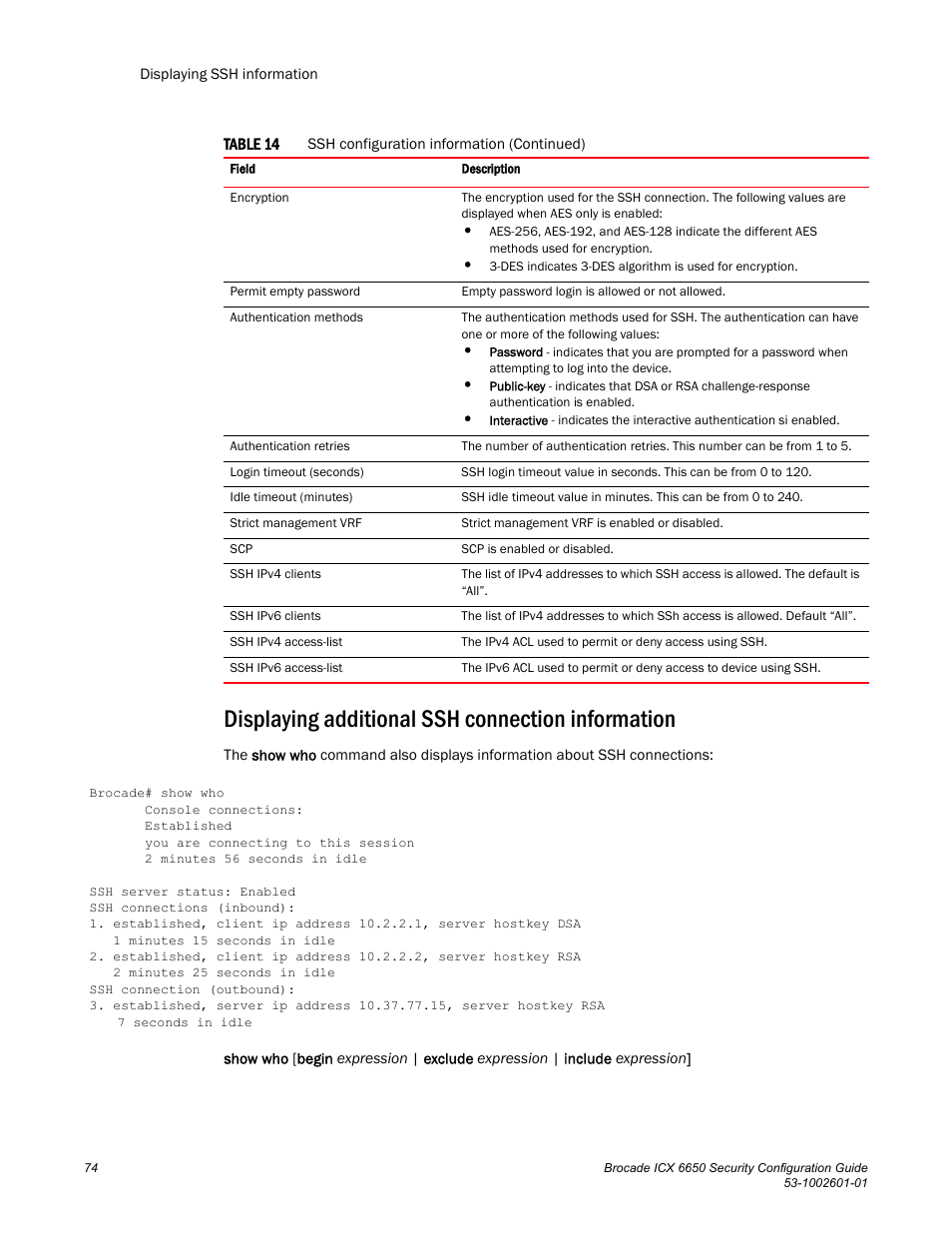 Displaying additional ssh connection information | Brocade Communications Systems Brocade ICX 6650 6650 User Manual | Page 94 / 332