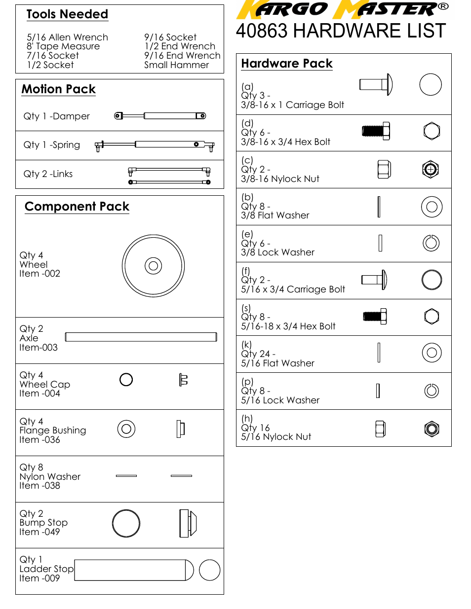 Drawing view49, Drawing view50, Drawing view58 | Drawing view60, Drawing view61, Drawing view62, Drawing view64, Drawing view65, Drawing view66, Drawing view67 | Kargo Master EZ Lo-Down Driver Side Mechanism (40863) User Manual | Page 2 / 9
