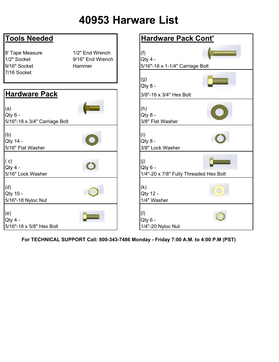 Tools needed hardware pack cont, Hardware pack | Kargo Master Single Drop Down Ladder Rack E-Series/GM (40953) User Manual | Page 2 / 9