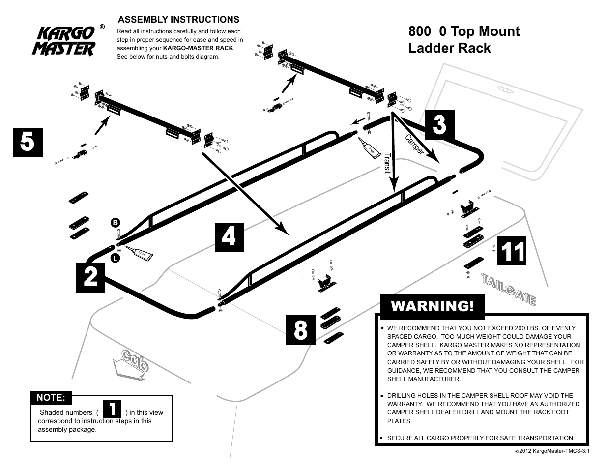 Warning, 800 0 top mount ladder rack | Kargo Master Full Size Van Top Mount Ladder Rack User Manual | Page 6 / 9