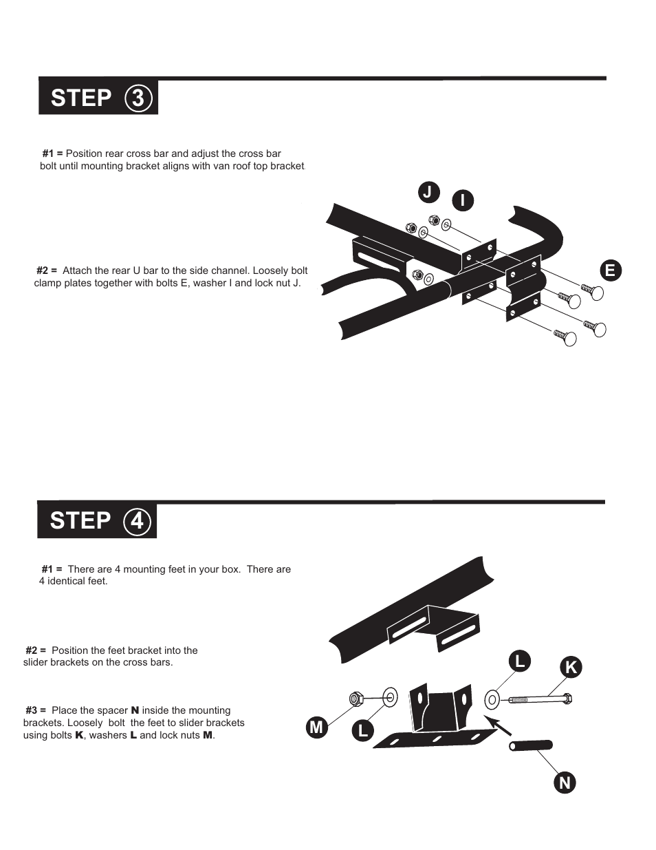 Step 3, Step 4, Nl m l k | Ei j | Kargo Master Full Size Van Top Mount Ladder Rack User Manual | Page 8 / 9