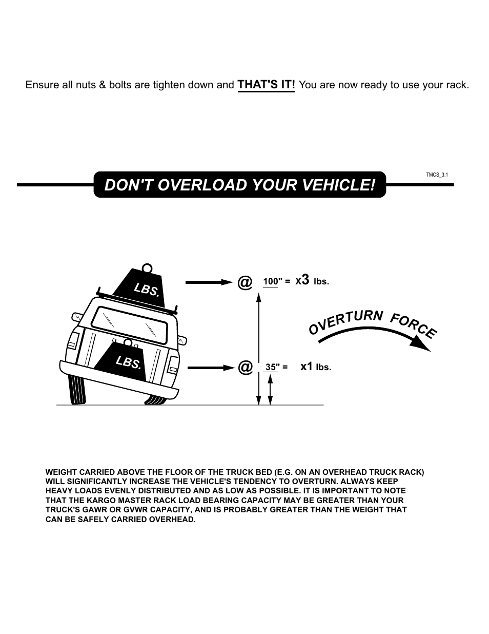 Don't overload your vehicle | Kargo Master Full Size Van Top Mount Ladder Rack User Manual | Page 9 / 9