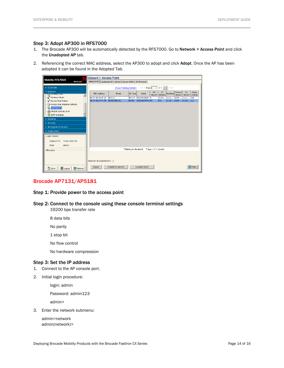 Step 3: adopt ap300 in rfs7000, Brocade ap7131/ap5181, Step 1: provide power to the access point | Step 3: set the ip address | Brocade Communications Systems Brocade FastIron CX Series FCX624S-HPOE User Manual | Page 14 / 16