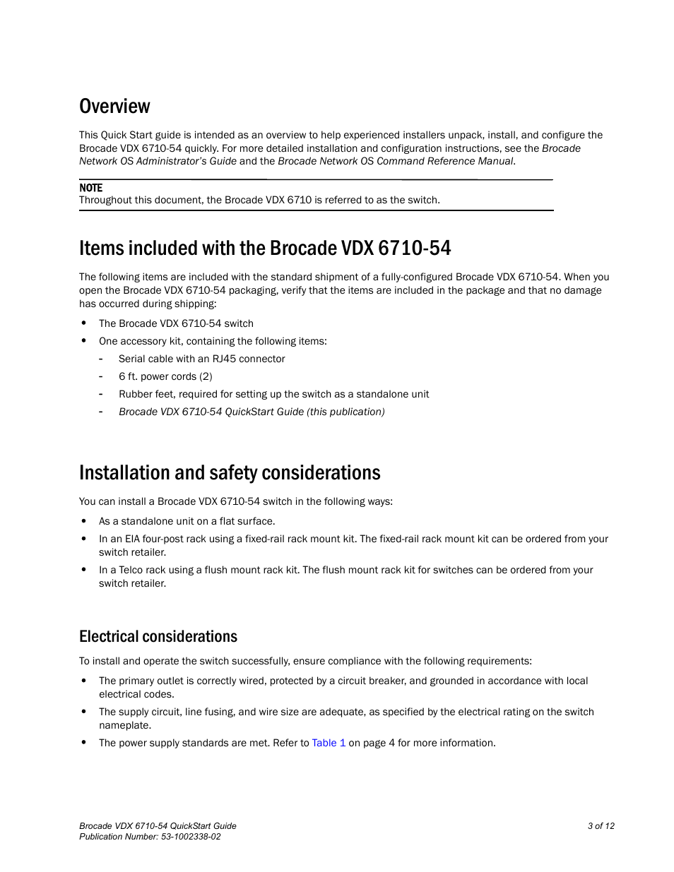 Overview, Items included with the brocade vdx 6710-54, Installation and safety considerations | Electrical considerations | Brocade Communications Systems Brocade VDX 6710-54 User Manual | Page 3 / 12