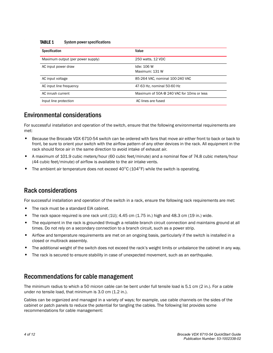 Environmental considerations, Rack considerations, Recommendations for cable management | Brocade Communications Systems Brocade VDX 6710-54 User Manual | Page 4 / 12