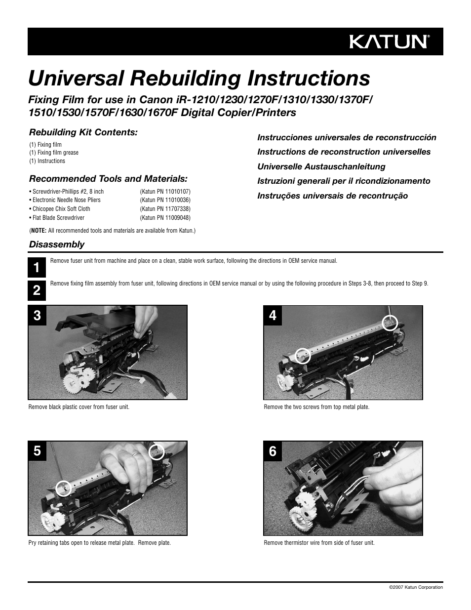 Katun Canon iR 1670F - Universal Rebuilding Instructions Fixing Film User Manual | 12 pages