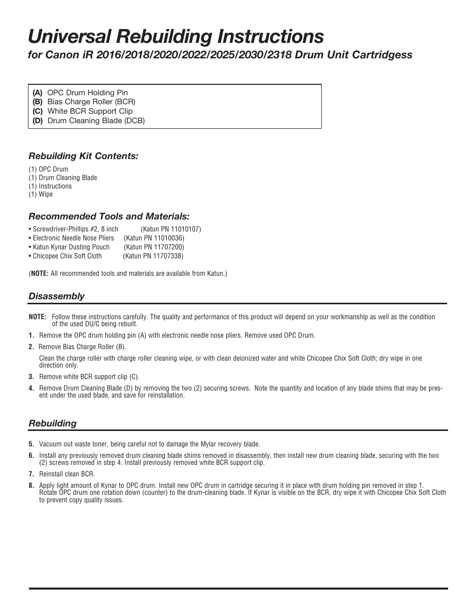 Universal rebuilding instructions | Katun Canon iR-2020/2020i Drum Unit Cartridges User Manual | Page 2 / 8