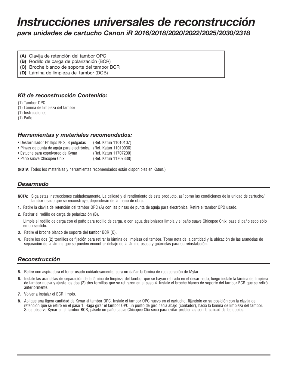 Instrucciones universales de reconstrucción | Katun Canon iR-2020/2020i Drum Unit Cartridges User Manual | Page 3 / 8