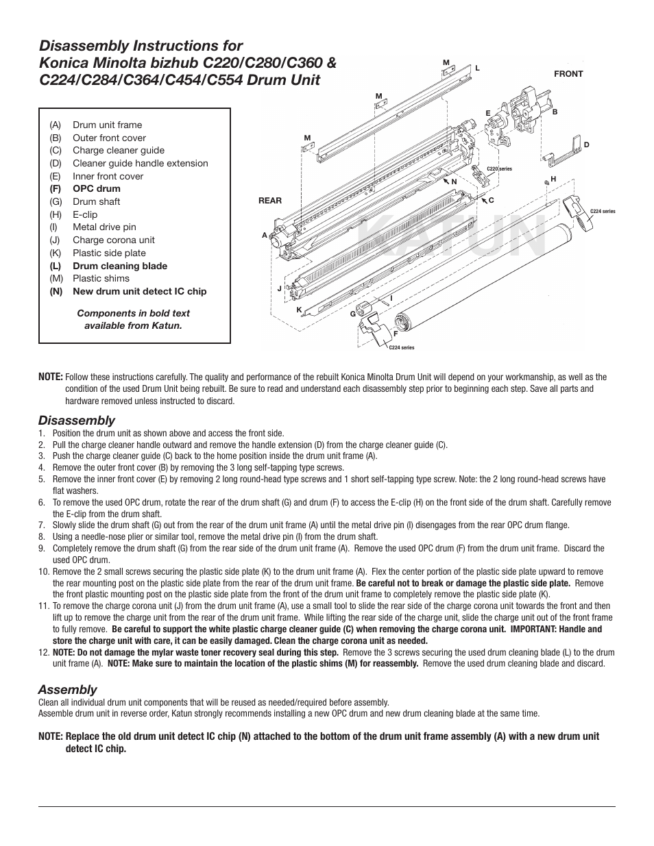 Katun, Disassembly, Assembly | Katun KN C224-Series Drum Unit Disassembly User Manual | Page 2 / 7