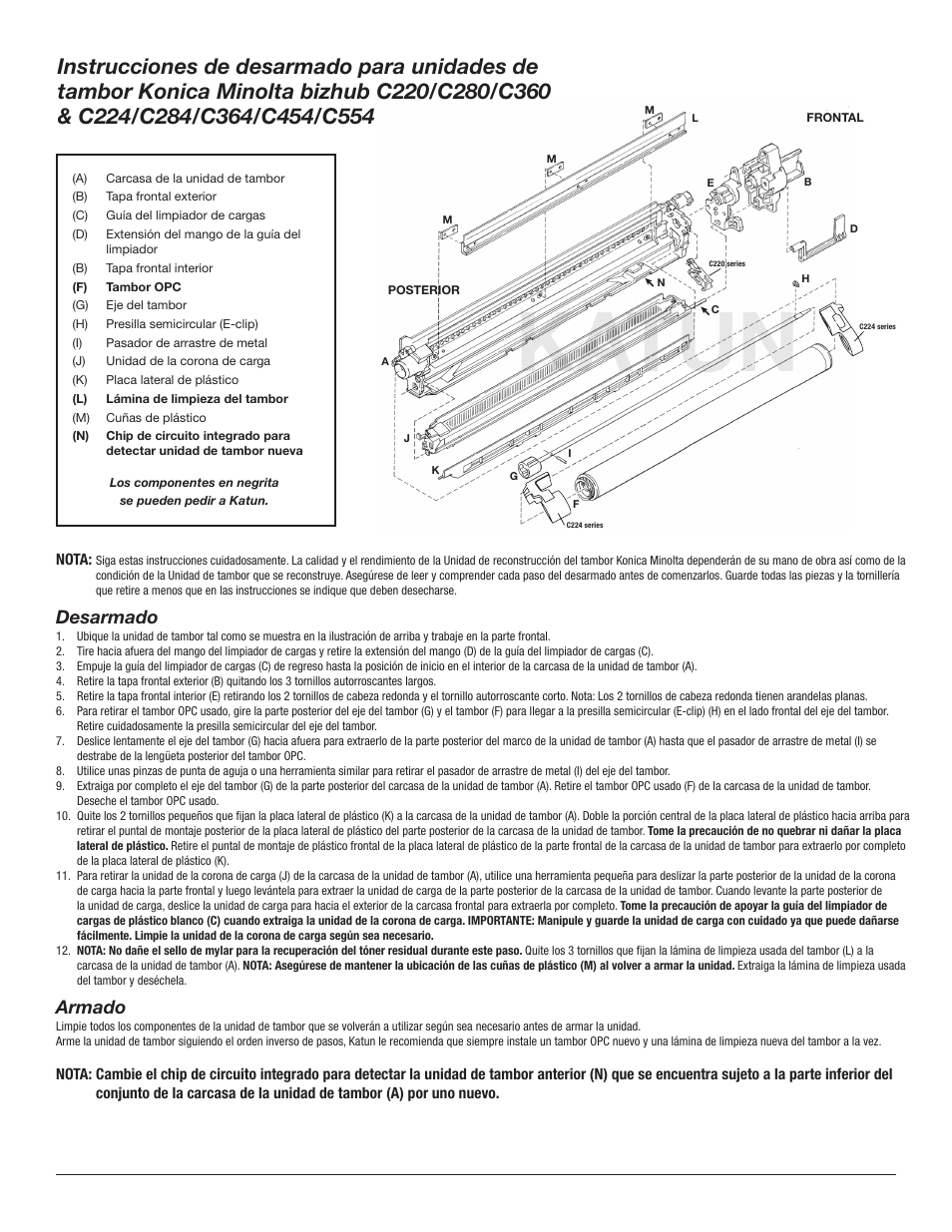 Katun, Desarmado, Armado | Katun KN C224-Series Drum Unit Disassembly User Manual | Page 3 / 7