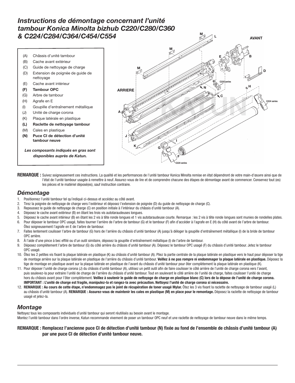 Katun, Démontage, Montage | Katun KN C224-Series Drum Unit Disassembly User Manual | Page 4 / 7