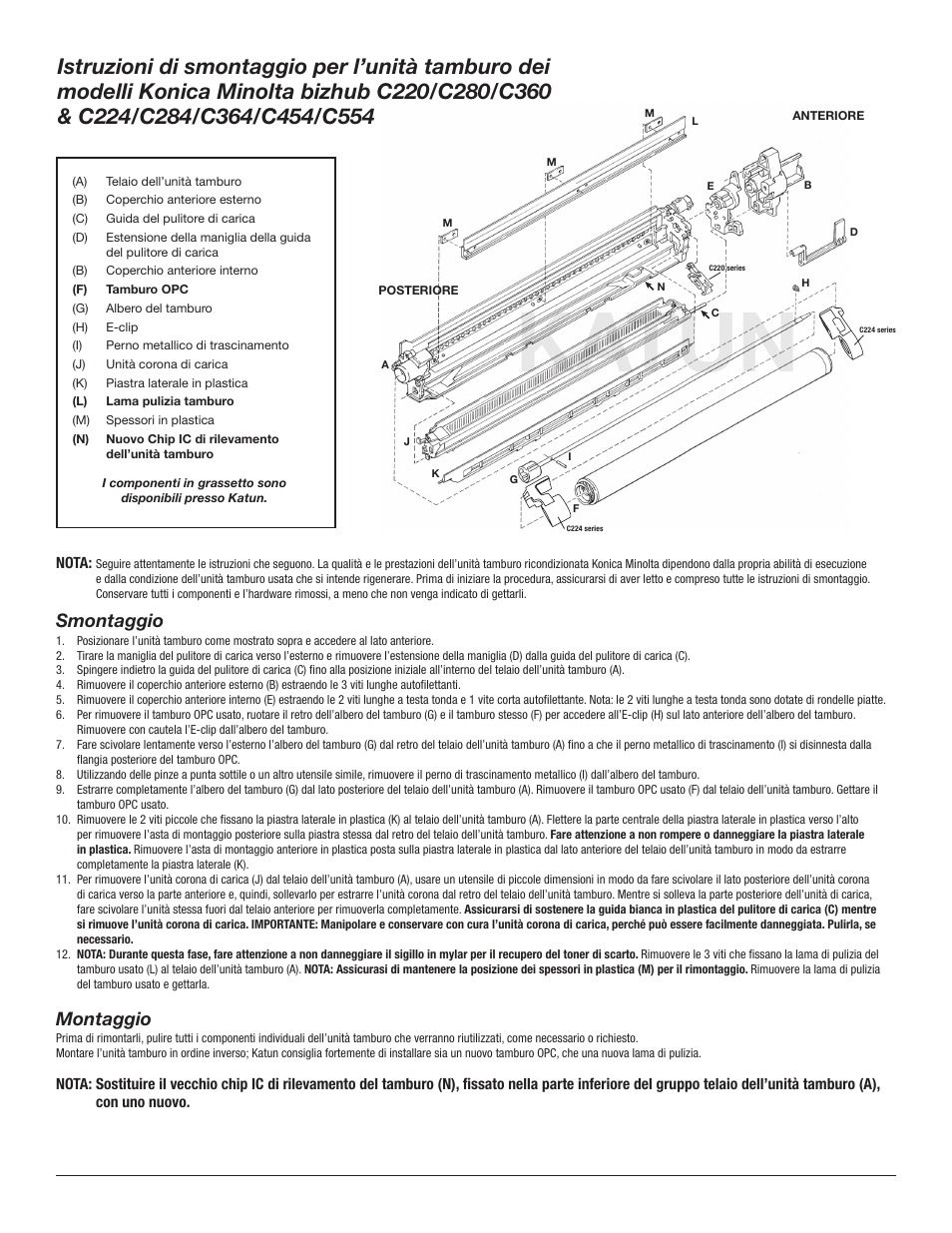 Katun, Smontaggio, Montaggio | Katun KN C224-Series Drum Unit Disassembly User Manual | Page 6 / 7