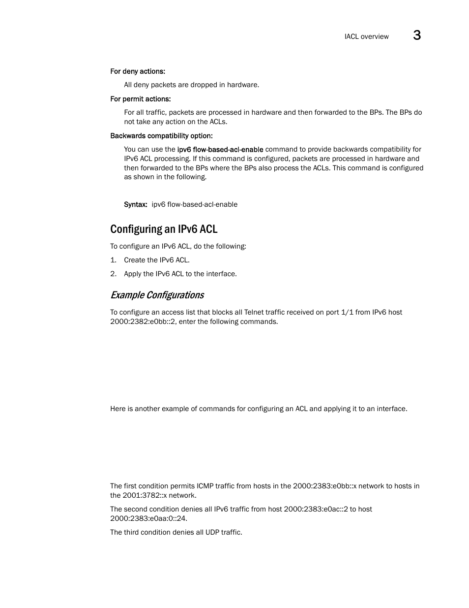Configuring an ipv6 acl, Example configurations | Brocade Communications Systems ServerIron ADX 12.4.00a User Manual | Page 101 / 226
