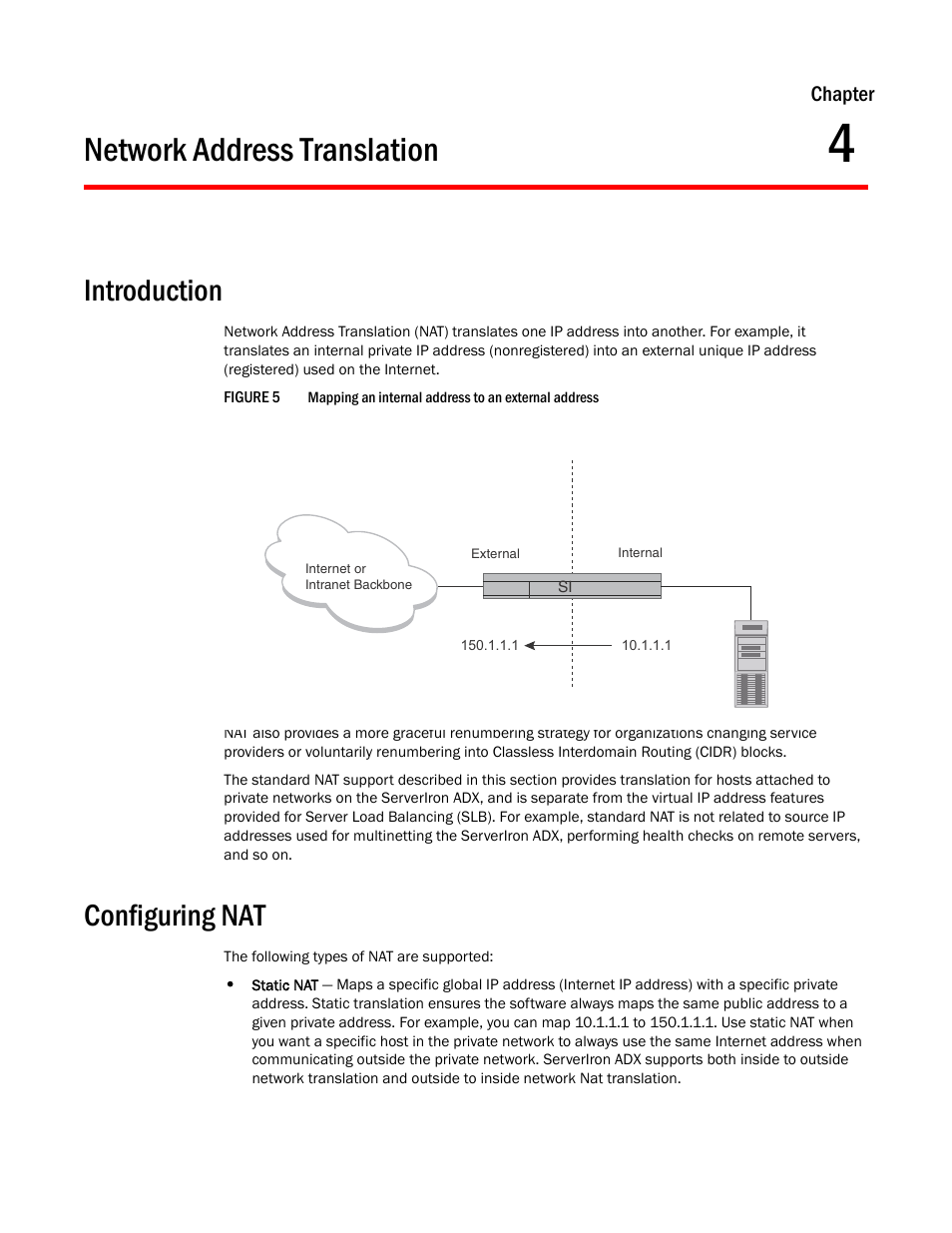 Network address translation, Introduction, Configuring nat | Chapter 4 | Brocade Communications Systems ServerIron ADX 12.4.00a User Manual | Page 111 / 226
