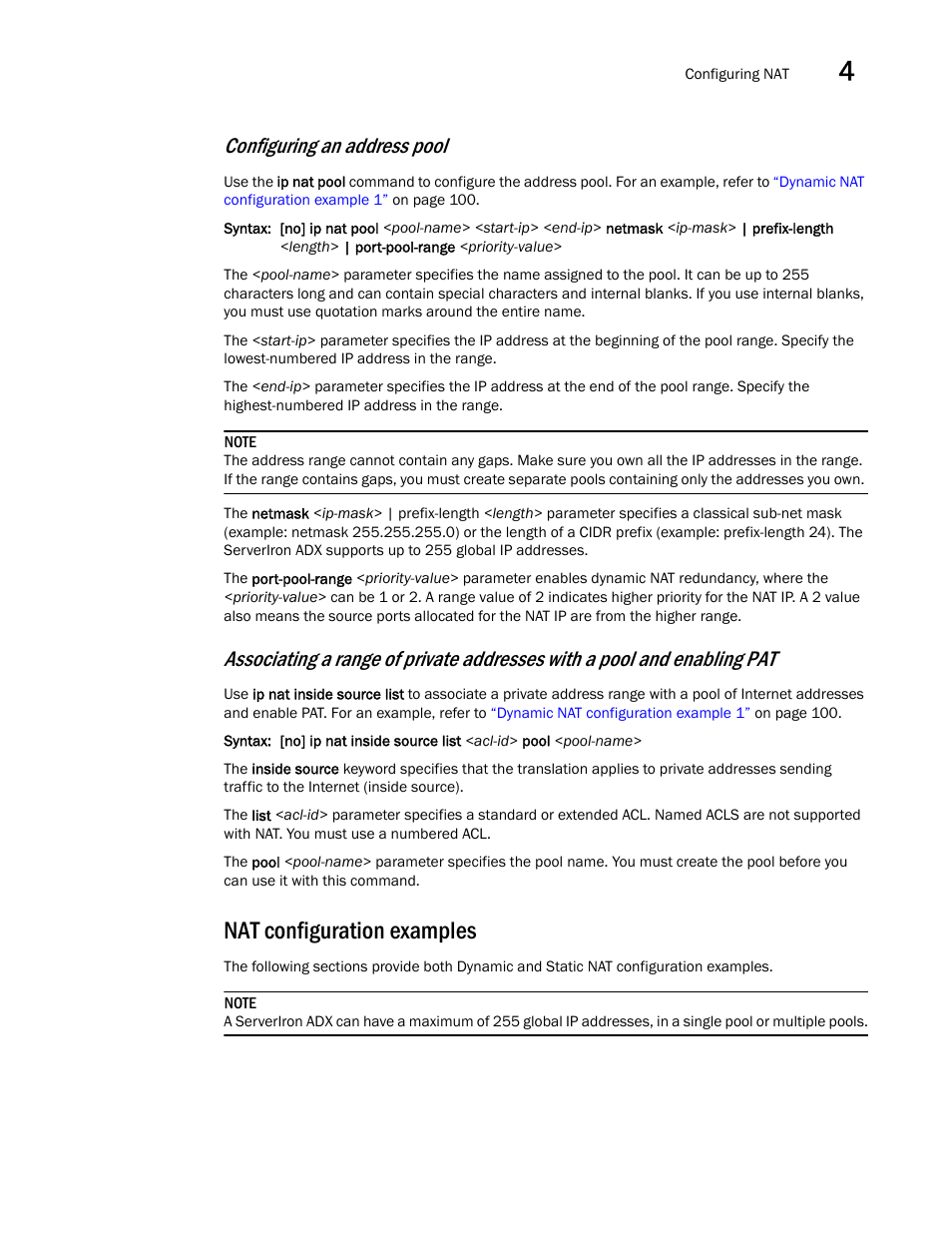 Nat configuration examples, Configuring an address pool | Brocade Communications Systems ServerIron ADX 12.4.00a User Manual | Page 113 / 226