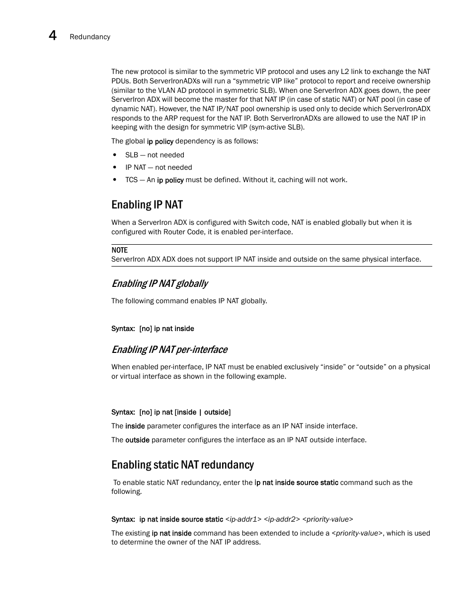 Enabling ip nat, Enabling static nat redundancy, Enabling ip nat globally | Enabling ip nat per-interface | Brocade Communications Systems ServerIron ADX 12.4.00a User Manual | Page 120 / 226