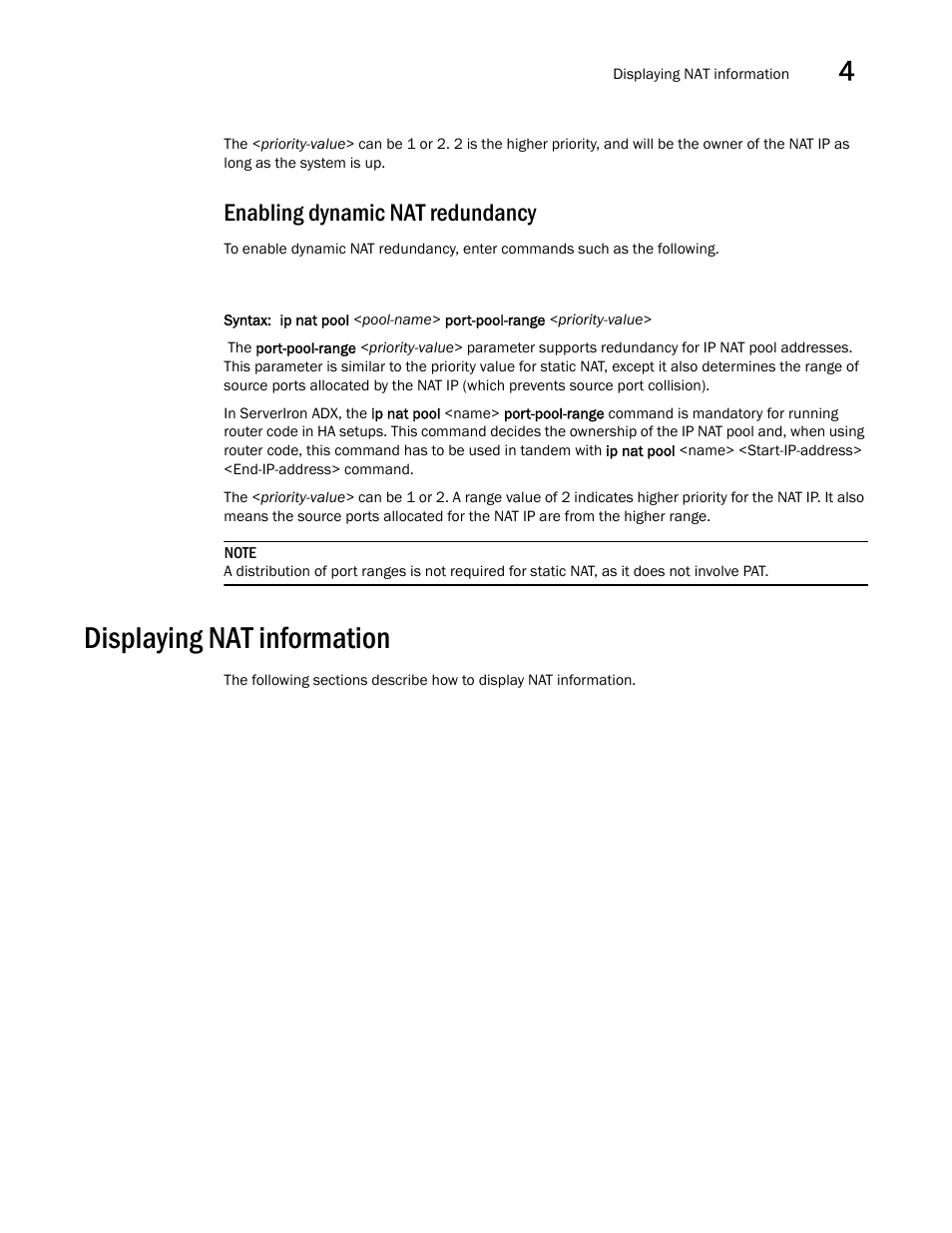 Enabling dynamic nat redundancy, Displaying nat information | Brocade Communications Systems ServerIron ADX 12.4.00a User Manual | Page 121 / 226