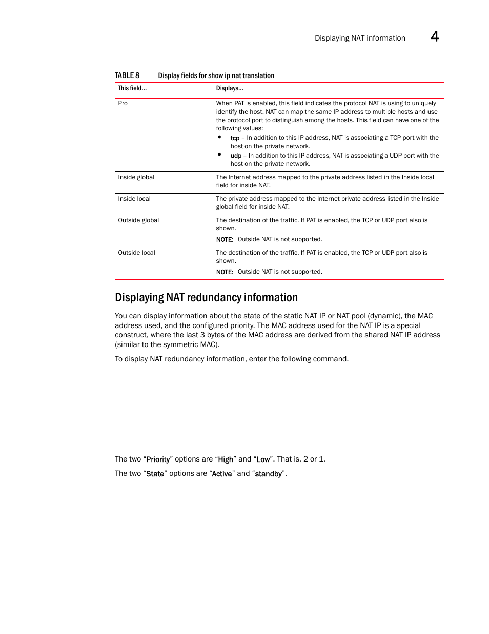 Displaying nat redundancy information | Brocade Communications Systems ServerIron ADX 12.4.00a User Manual | Page 125 / 226