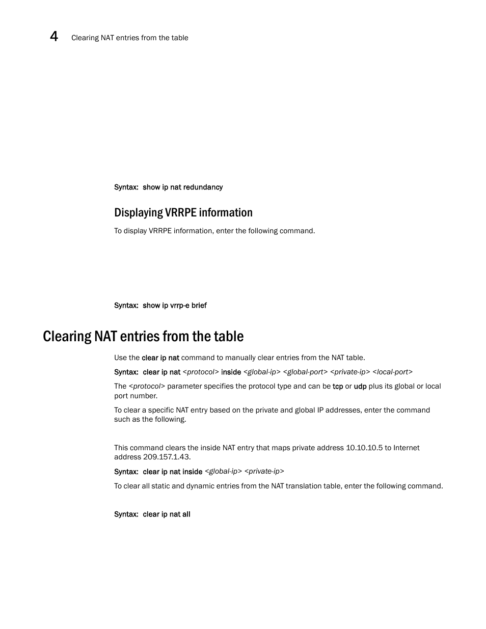 Displaying vrrpe information, Clearing nat entries from the table | Brocade Communications Systems ServerIron ADX 12.4.00a User Manual | Page 126 / 226