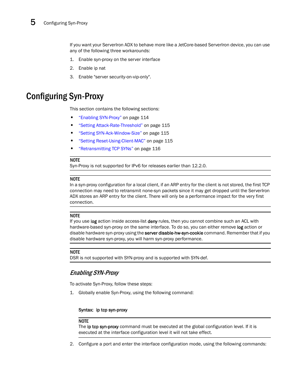 Configuring syn-proxy, Enabling syn-proxy | Brocade Communications Systems ServerIron ADX 12.4.00a User Manual | Page 128 / 226