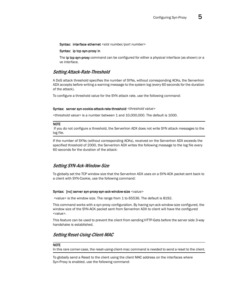 Setting attack-rate-threshold, Setting syn-ack-window-size, Setting reset-using-client-mac | Brocade Communications Systems ServerIron ADX 12.4.00a User Manual | Page 129 / 226