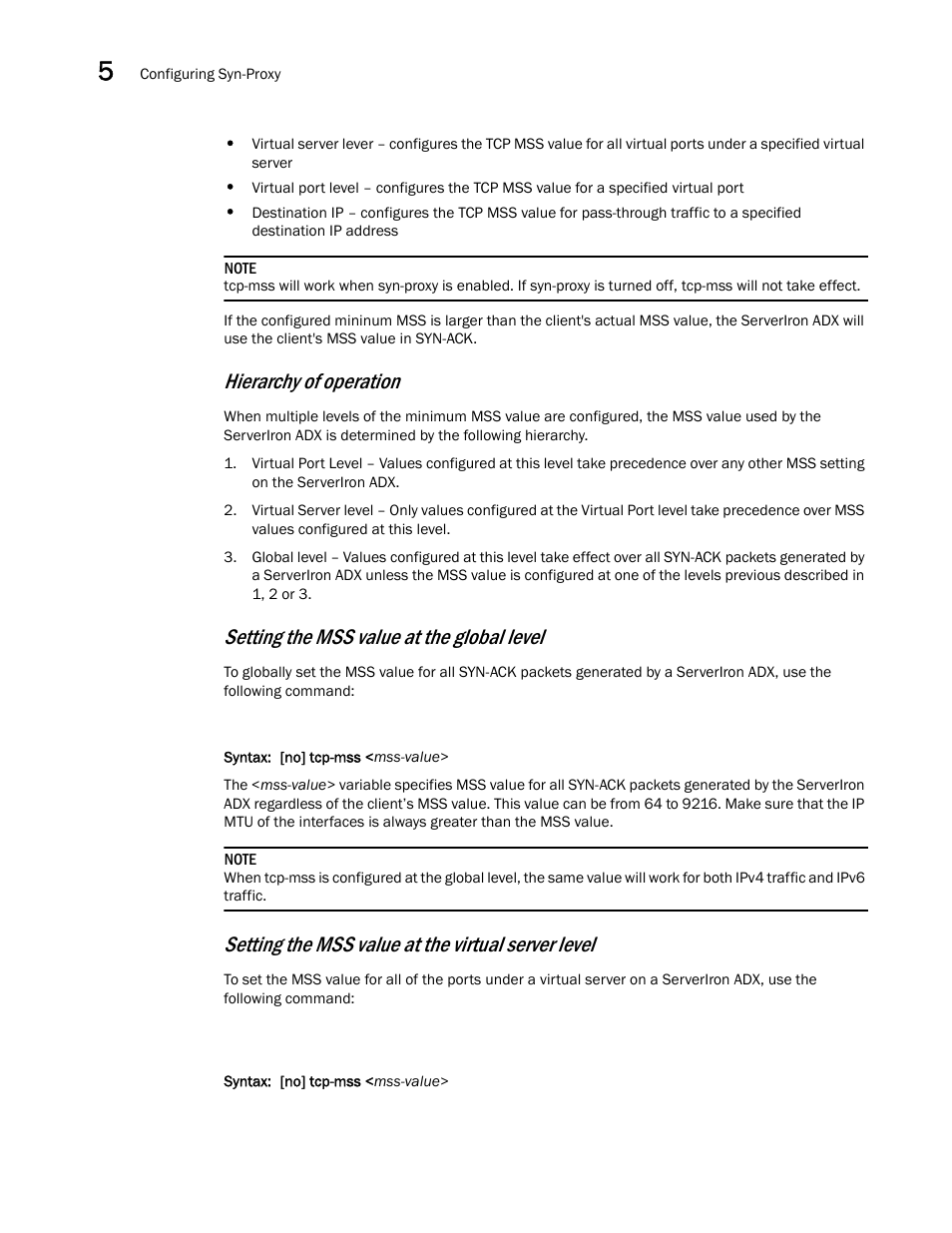 Hierarchy of operation, Setting the mss value at the global level, Setting the mss value at the virtual server level | Brocade Communications Systems ServerIron ADX 12.4.00a User Manual | Page 132 / 226