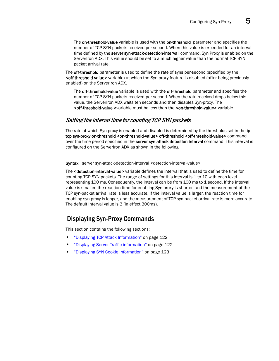 Displaying syn-proxy commands, Setting the, Interval time for counting tcp syn packets | Brocade Communications Systems ServerIron ADX 12.4.00a User Manual | Page 135 / 226