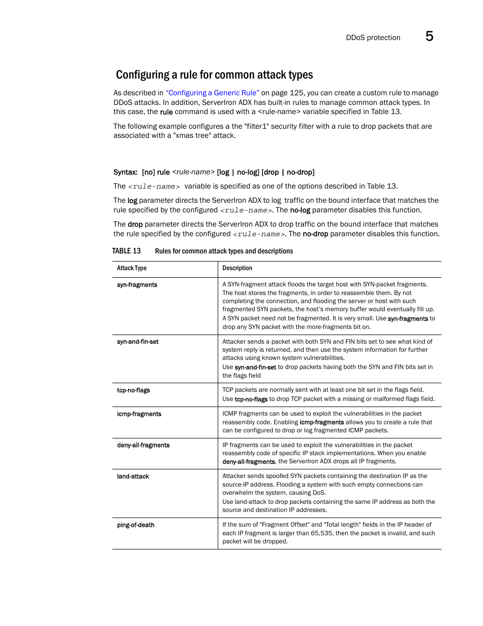 Configuring a rule for common attack types, Table 13 | Brocade Communications Systems ServerIron ADX 12.4.00a User Manual | Page 141 / 226