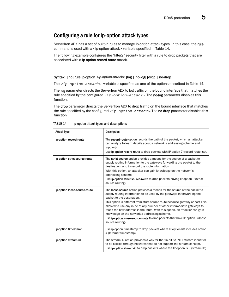 Configuring a rule for ip-option attack types | Brocade Communications Systems ServerIron ADX 12.4.00a User Manual | Page 143 / 226