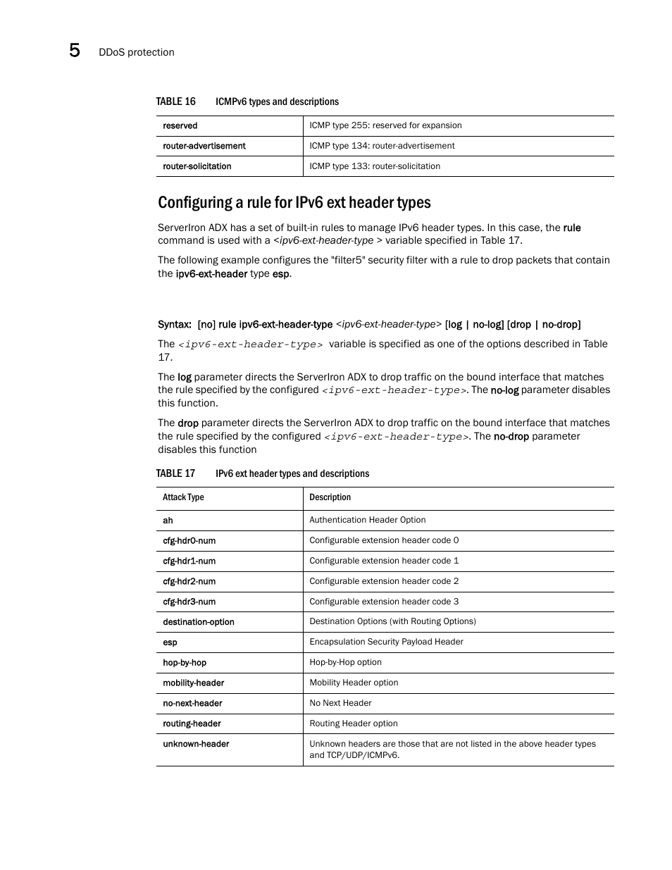 Configuring a rule for ipv6 ext header types, And table 17 | Brocade Communications Systems ServerIron ADX 12.4.00a User Manual | Page 146 / 226