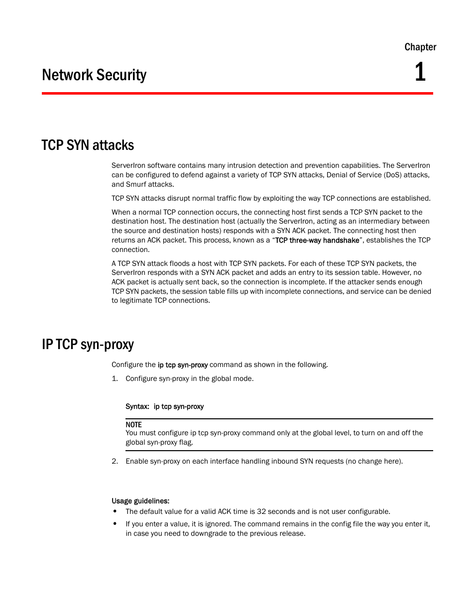Network security, Tcp syn attacks, Ip tcp syn-proxy | Chapter 1 | Brocade Communications Systems ServerIron ADX 12.4.00a User Manual | Page 15 / 226