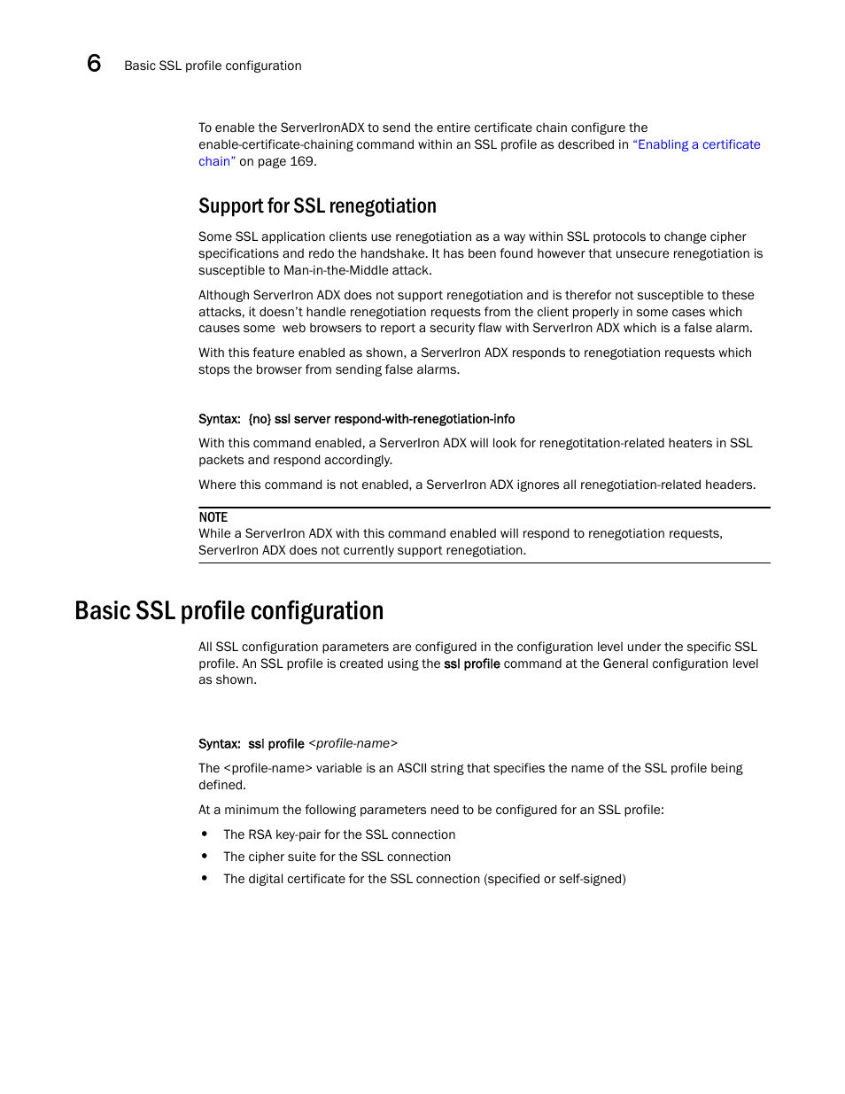 Support for ssl renegotiation, Basic ssl profile configuration | Brocade Communications Systems ServerIron ADX 12.4.00a User Manual | Page 178 / 226