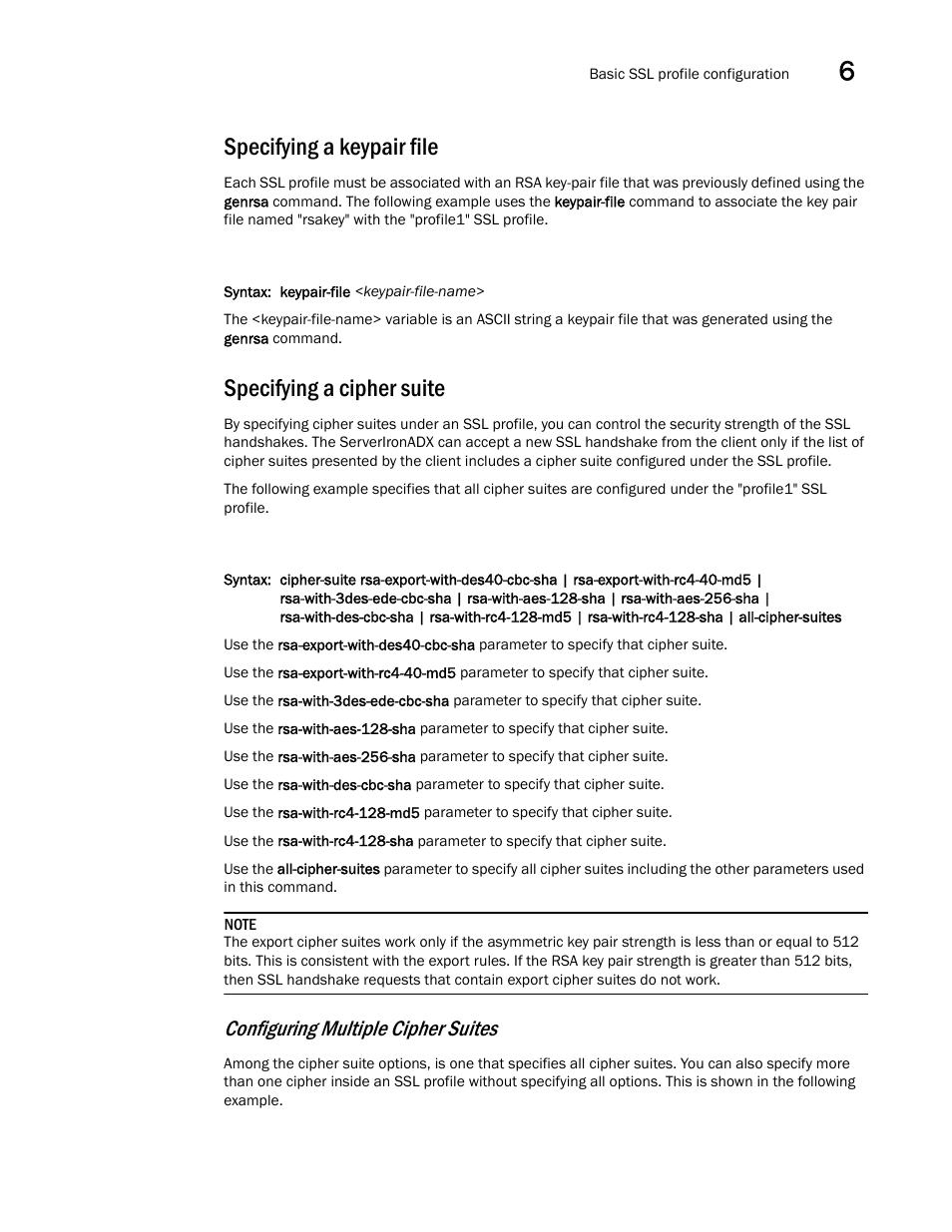 Specifying a keypair file, Specifying a cipher suite, Configuring multiple cipher suites | Brocade Communications Systems ServerIron ADX 12.4.00a User Manual | Page 179 / 226