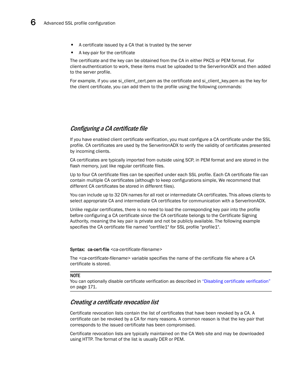 Configuring a ca certificate file, Creating a certificate revocation list | Brocade Communications Systems ServerIron ADX 12.4.00a User Manual | Page 182 / 226