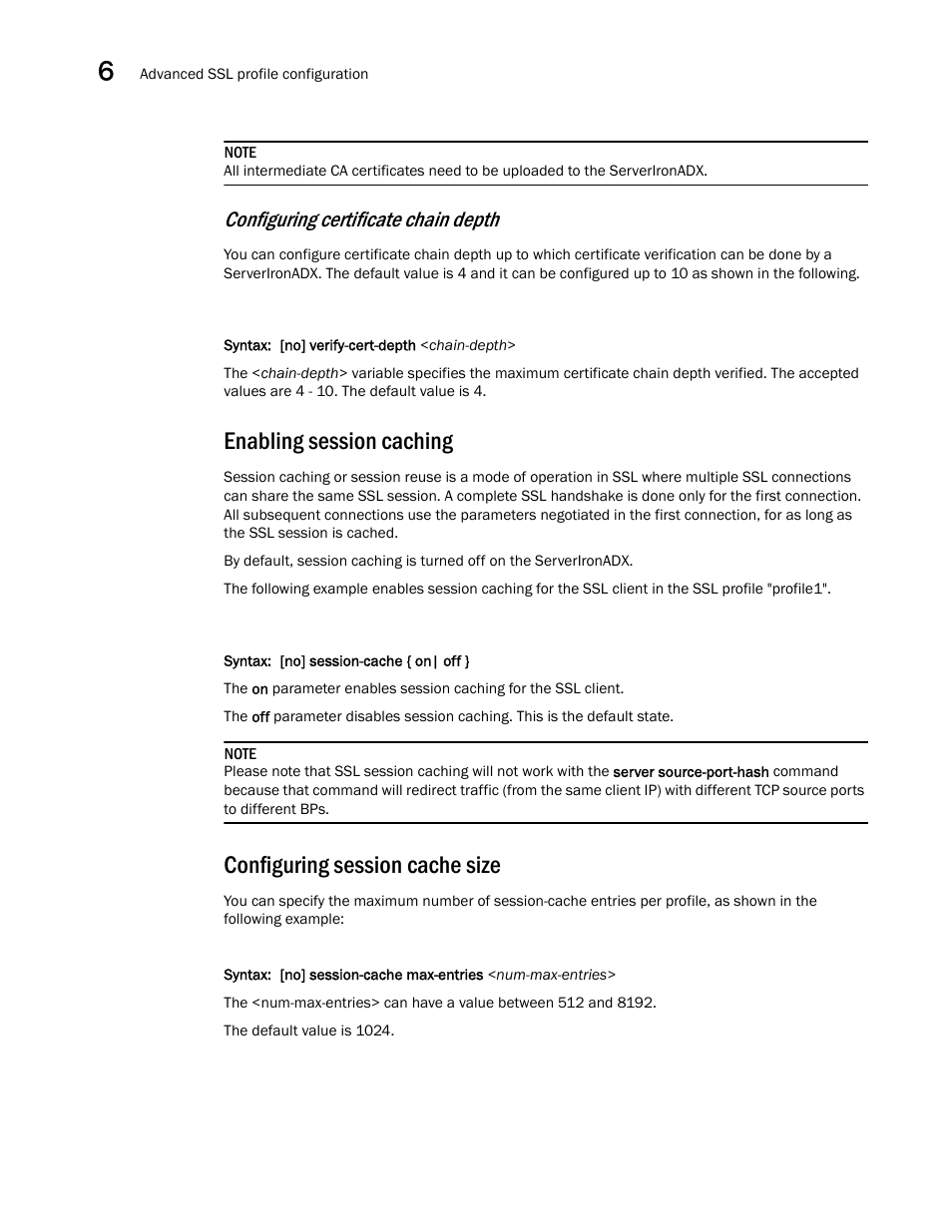 Enabling session caching, Configuring session cache size, Configuring certificate chain depth | Brocade Communications Systems ServerIron ADX 12.4.00a User Manual | Page 184 / 226