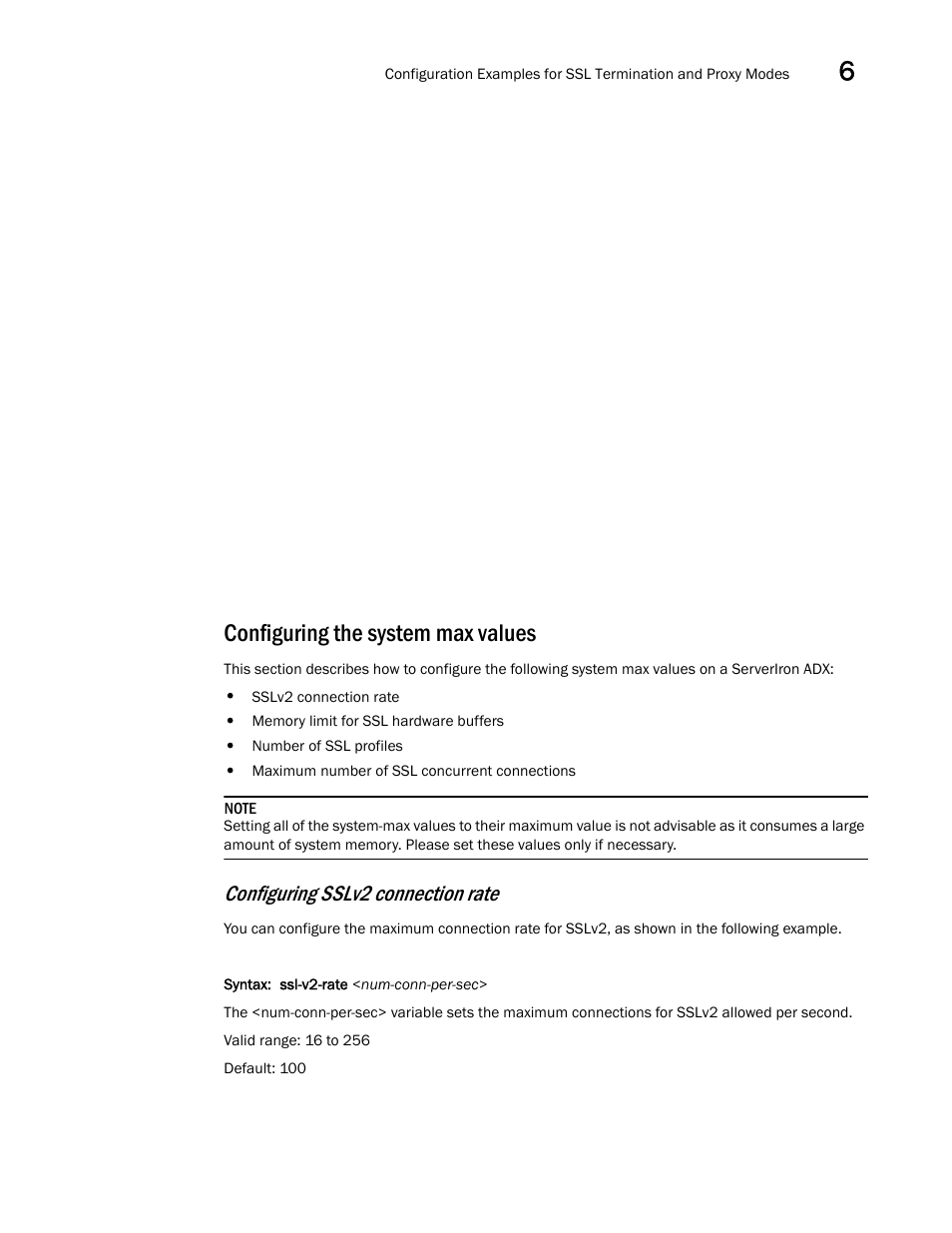Configuring the system max values, Configuring the, System max values | Configuring sslv2 connection rate | Brocade Communications Systems ServerIron ADX 12.4.00a User Manual | Page 199 / 226