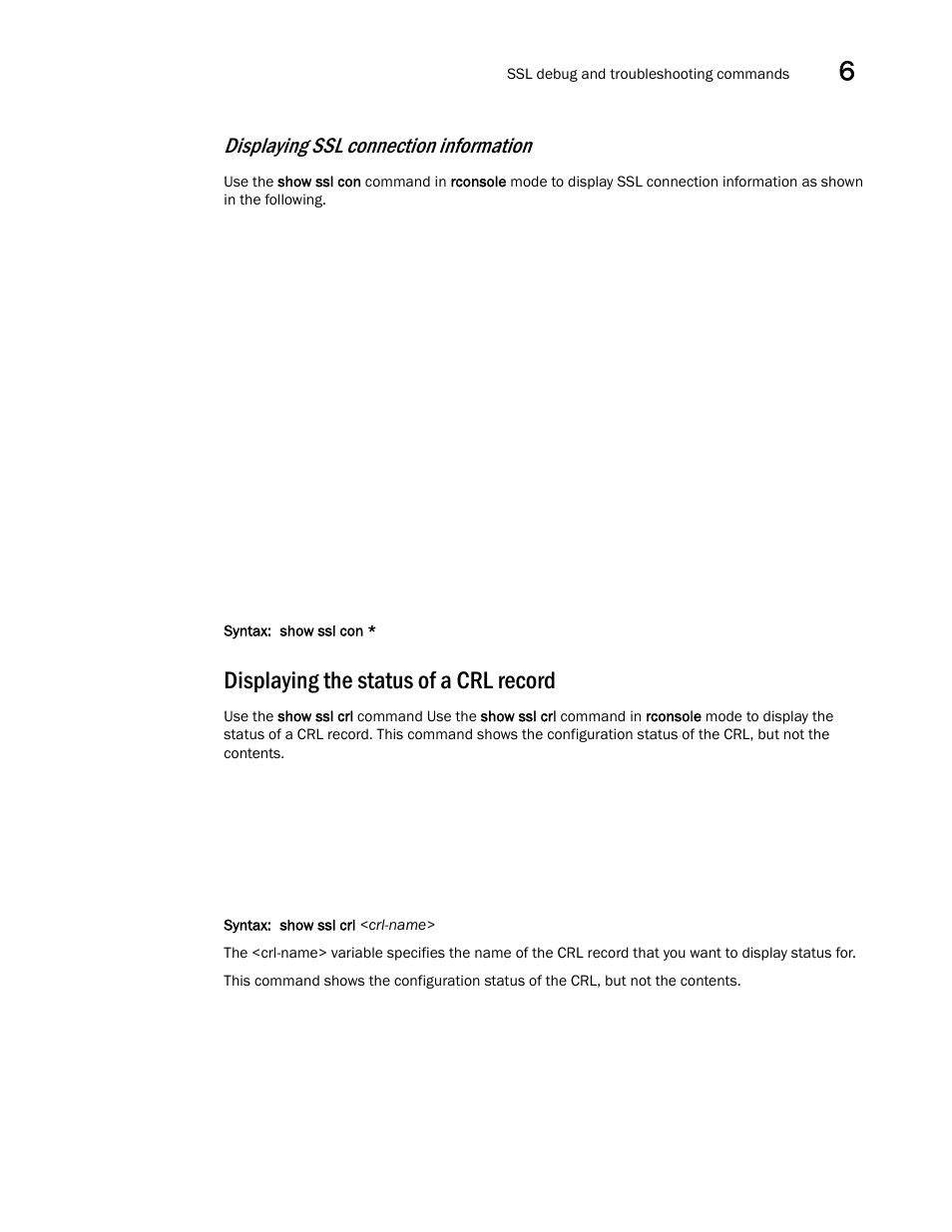 Displaying the status of a crl record, Displaying ssl connection information | Brocade Communications Systems ServerIron ADX 12.4.00a User Manual | Page 205 / 226