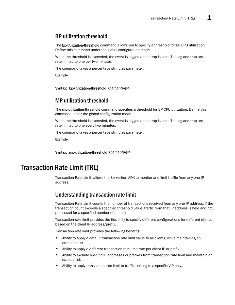 Bp utilization threshold, Mp utilization threshold, Transaction rate limit (trl) | Understanding transaction rate limit, Bp utilization threshold mp utilization threshold | Brocade Communications Systems ServerIron ADX 12.4.00a User Manual | Page 21 / 226