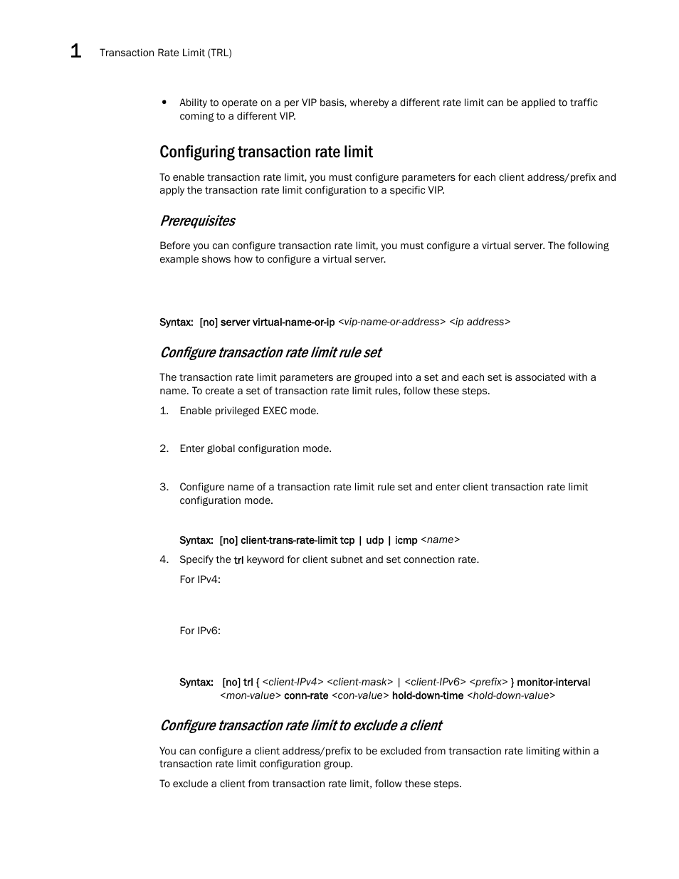 Configuring transaction rate limit, Prerequisites, Configure transaction rate limit rule set | Brocade Communications Systems ServerIron ADX 12.4.00a User Manual | Page 22 / 226
