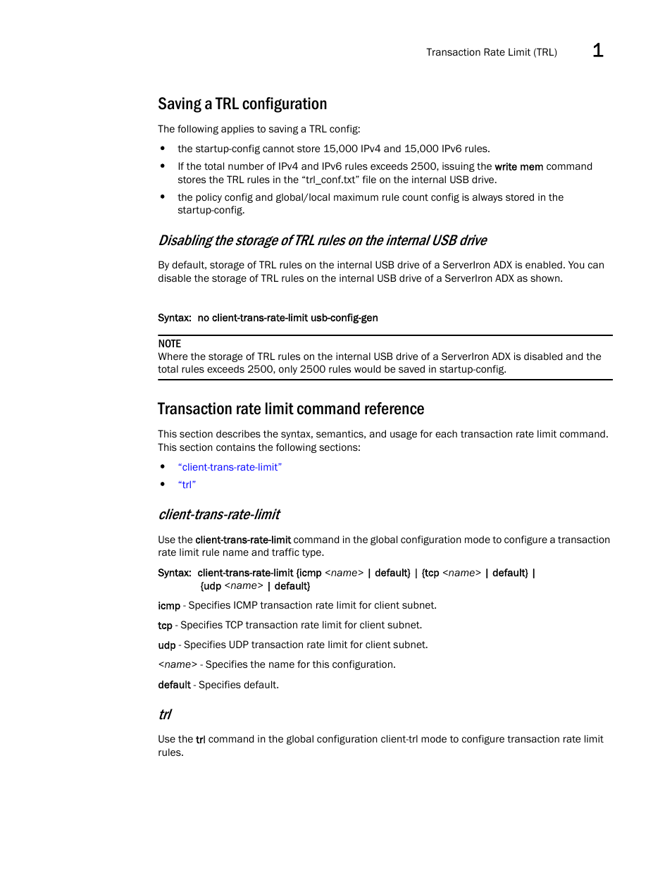 Saving a trl configuration, Transaction rate limit command reference, Client-trans-rate-limit | Brocade Communications Systems ServerIron ADX 12.4.00a User Manual | Page 27 / 226