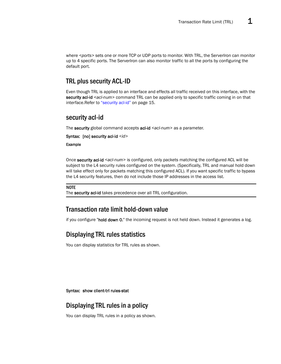 Trl plus security acl-id, Security acl-id, Transaction rate limit hold-down value | Displaying trl rules statistics, Displaying trl rules in a policy | Brocade Communications Systems ServerIron ADX 12.4.00a User Manual | Page 29 / 226