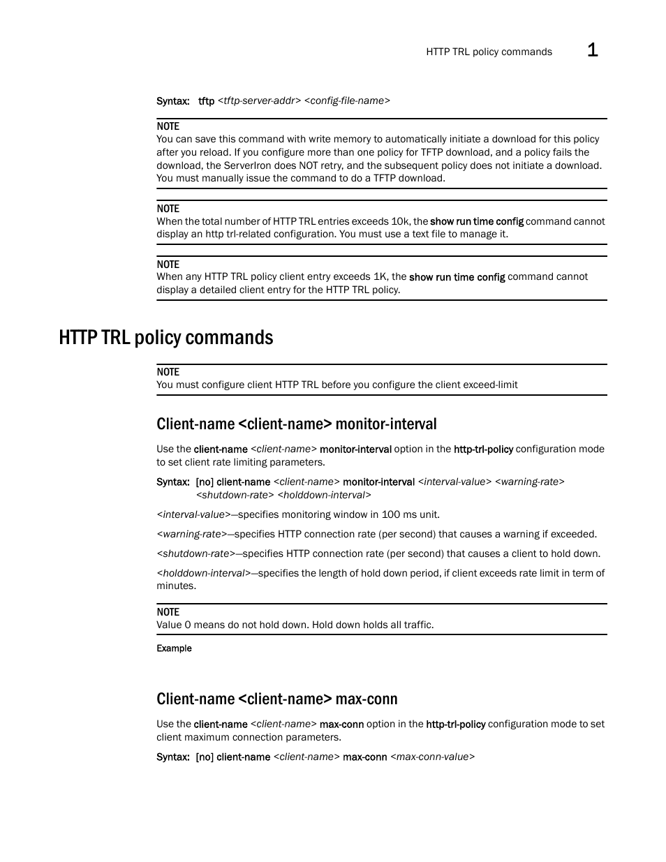 Http trl policy commands, Client-name <client-name> monitor-interval, Client-name <client-name> max-conn | Client-name <client-name, Monitor-interval | Brocade Communications Systems ServerIron ADX 12.4.00a User Manual | Page 41 / 226