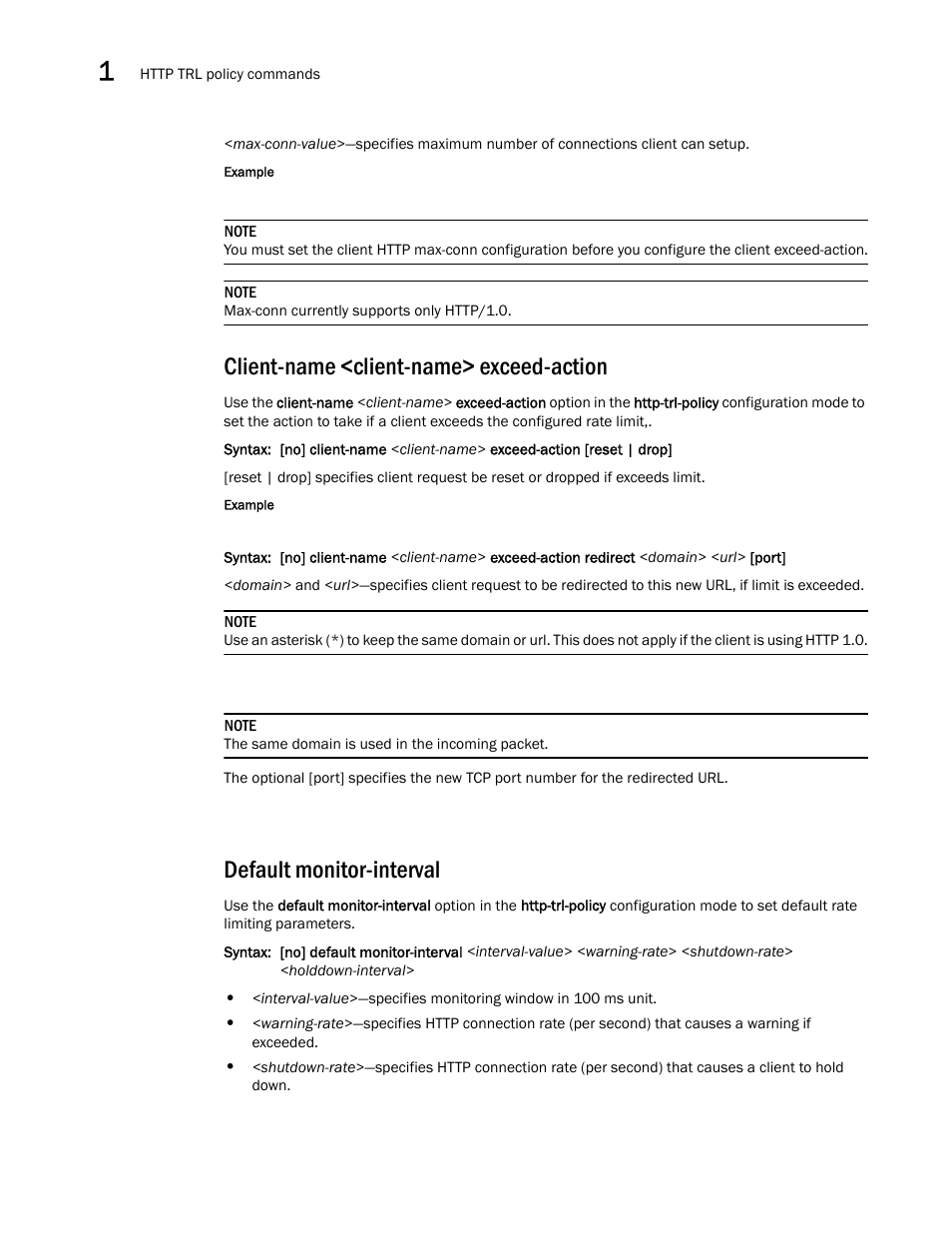 Client-name <client-name> exceed-action, Default monitor-interval | Brocade Communications Systems ServerIron ADX 12.4.00a User Manual | Page 42 / 226
