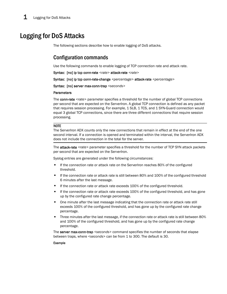 Logging for dos attacks, Configuration commands | Brocade Communications Systems ServerIron ADX 12.4.00a User Manual | Page 44 / 226