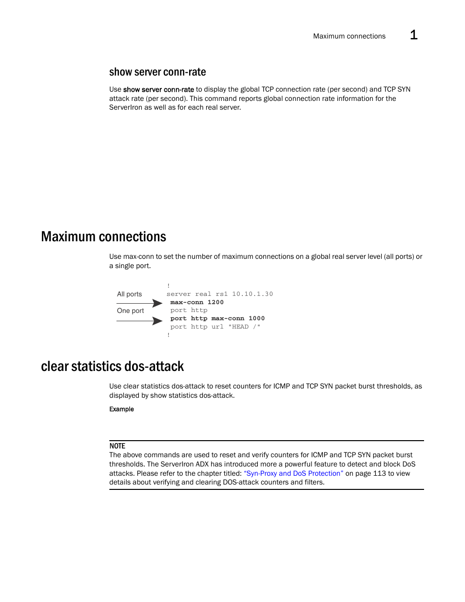 Show server conn-rate, Maximum connections, Clear statistics dos-attack | Brocade Communications Systems ServerIron ADX 12.4.00a User Manual | Page 45 / 226