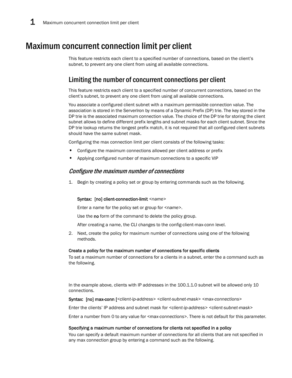 Maximum concurrent connection limit per client, Configure the maximum number of connections | Brocade Communications Systems ServerIron ADX 12.4.00a User Manual | Page 46 / 226